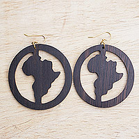 Ebony wood dangle earrings, 'African Circle' - Africa-Themed Ebony Wood Dangle Earrings from Ghana