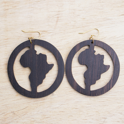Ebony wood dangle earrings, 'African Circle' - Africa-Themed Ebony Wood Dangle Earrings from Ghana
