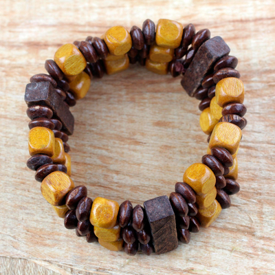 Wood beaded stretch bracelet, 'Forest Beauty' - Beaded Natural Sese Wood Multi-Layered Stretch Bracelet