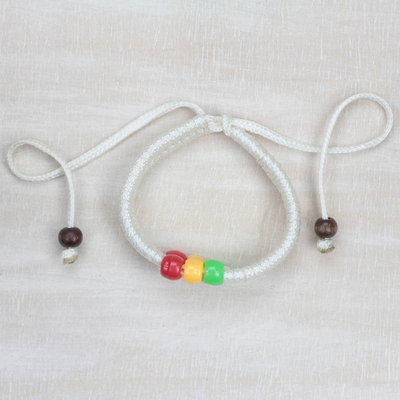 Braided cord bracelet, 'Colorful Joy' - White Braided Cord Bracelet with Plastic and Wood