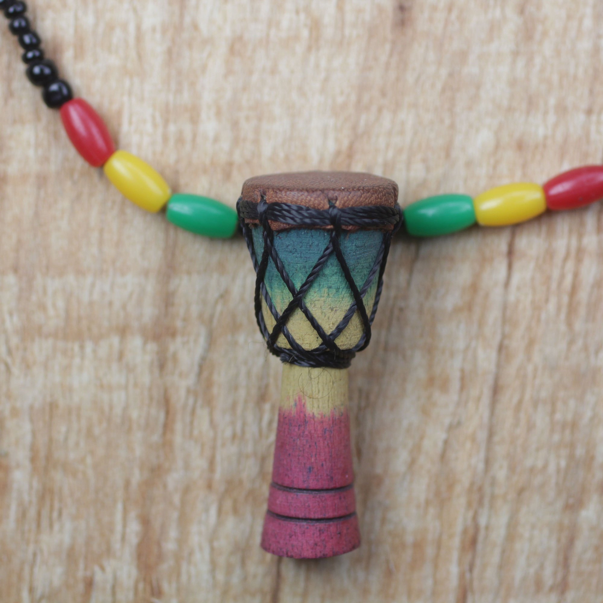 Djembe Drum Wood Beaded Pendant Necklace from Ghana Djembe Rhythm NOVICA