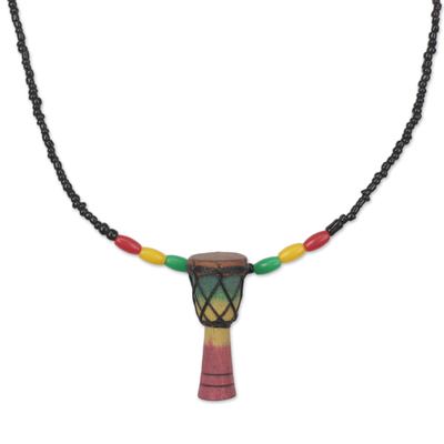 Wood beaded pendant necklace, 'Djembe Rhythm' - Djembe Drum Wood Beaded Pendant Necklace from Ghana