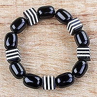 Recycled glass beaded stretch bracelet, 'Maame' - Black and White Recycled Beaded Glass Stretch Bracelet