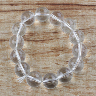 Recycled glass beaded bracelet, 'Clear Water' - Clear Water Recycled Round Glass Beaded Stretch Bracelet