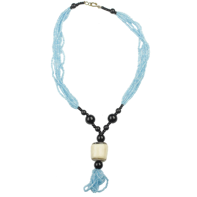 Sky Blue and Black Beaded Glass Horn Pendant Necklace