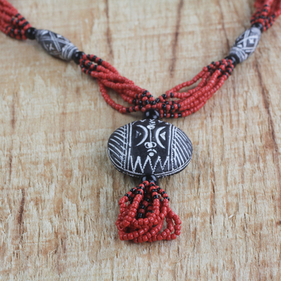 Ceramic and recycled glass beaded pendant necklace, 'Terracotta Dream' - Ceramic and Glass Beaded Pendant Necklace in Red from Ghana
