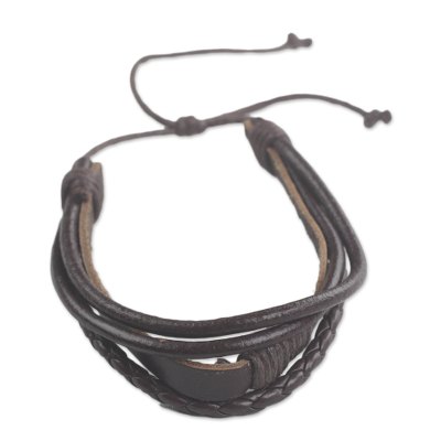 Leather wristband bracelet, 'Mahogany Prosperity' - Adjustable Leather Wristband Bracelet in Mahogany from Ghana