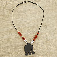 Ebony wood beaded pendant necklace, 'Rustic Elephant'