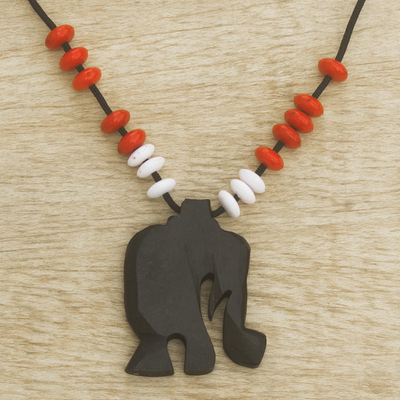 Ebony wood beaded pendant necklace, 'Rustic Elephant' - Ebony Wood Elephant Beaded Pendant Necklace from Ghana