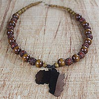 Ebony wood and recycled glass beaded pendant necklace, 'Good Africa'