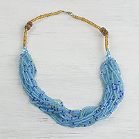 Glass beaded necklace, 'Sprightly Sky' - Recycled Glass Beaded Necklace in Sky Blue from Ghana