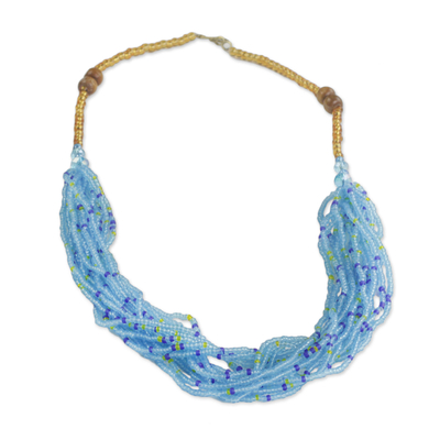 Recycled Glass Beaded Necklace in Sky Blue from Ghana