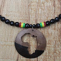 Ebony wood and recycled glass beaded pendant necklace, 'African World' - Ebony Wood and Recycled Glass Africa Necklace from Ghana