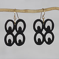 Ebony dangle earrings, 'Mate Masie' - Handmade Ebony Wood Adinkra Dangle Earrings from Ghana