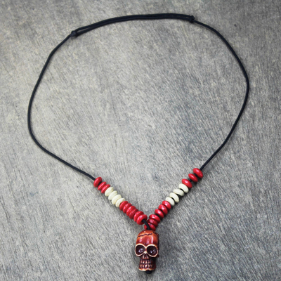 Wood beaded pendant necklace, 'Adventurous Skull' - Sese Wood Skull Beaded Pendant Necklace from Ghana