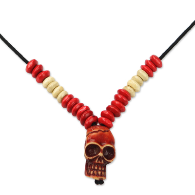 Wood beaded pendant necklace, 'Adventurous Skull' - Sese Wood Skull Beaded Pendant Necklace from Ghana