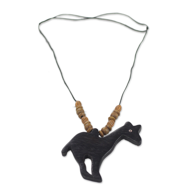 Wood pendant necklace, 'Wild Giraffe' - Handmade Wood Beaded Pendant Giraffe Necklace from Ghana