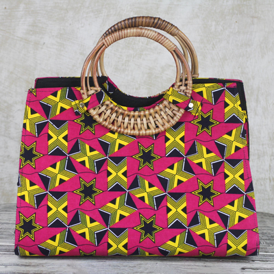 Cotton handle handbag, 'Vivacity' - Handmade Ghanaian 100% Cotton Geometric Star Handle Handbag