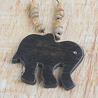 Wood pendant necklace, 'Wild Elephant' - Handmade Wood Beaded Pendant Elephant Necklace from Ghana