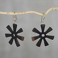 Ebony dangle earrings, 'Fofoo Flower' - Ebony Wood Adinkra Flower Dangle Earrings from Ghana