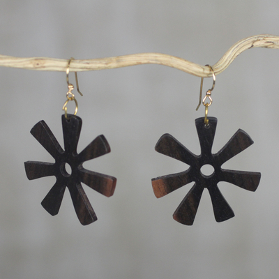 Ebony dangle earrings, 'Fofoo Flower' - Ebony Wood Adinkra Flower Dangle Earrings from Ghana