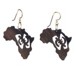 Ebony dangle earrings, 'Adinkra Africa' - Handmade Ebony Wood Africa Map Dangle Earrings from Ghana