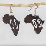 Ebony dangle earrings, 'Adinkra Africa' - Handmade Ebony Wood Africa Map Dangle Earrings from Ghana