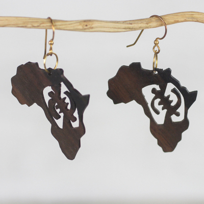 Ohrhänger aus Ebenholz - Handgefertigte Afrika-Karte-Ohrringe aus Ebenholz aus Ghana
