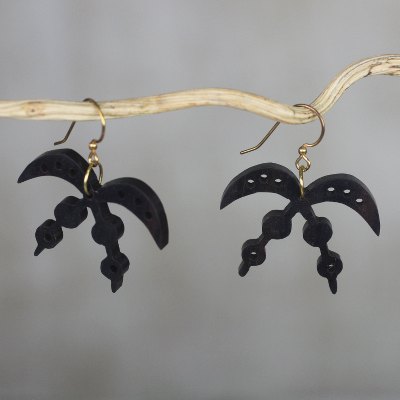 Ebony dangle earrings, 'Akofena Adinkra' - Handmade Ebony Wood Adinkra Dangle Earrings from Ghana