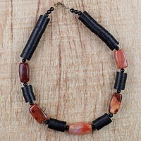 Agate beaded necklace, 'Dzine' - African Agate and Recycled Glass and Plastic Beaded Necklace