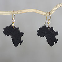 Ebony dangle earrings, 'Africa Atlas' - Handmade Ebony Wood Africa Map Dangle Earrings from Ghana