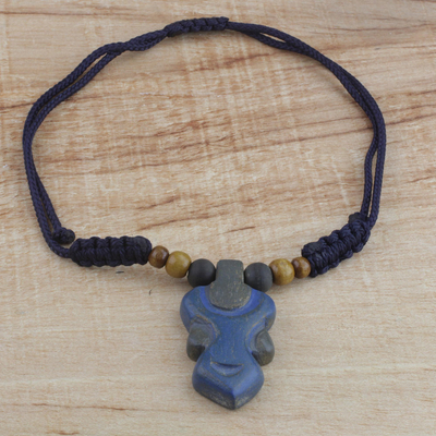 Wood pendant necklace, 'Enyindado' - Blue Wood Pendant Necklace on Adjustable Cord