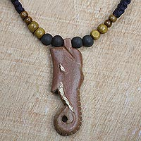 Wood beaded pendant necklace, 'Akan Elephant' - Adjustable Sese Wood Elephant Pendant Necklace from Ghana