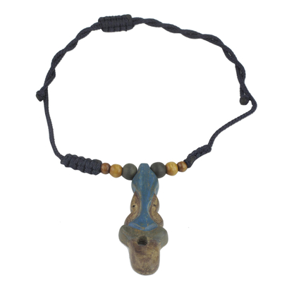 Adjustable Sese Wood Pendant Necklace in Blue from Ghana