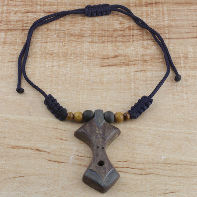 Wood beaded pendant necklace, 'Akan Advice' - Adjustable Sese Wood Beaded Pendant Necklace from Ghana