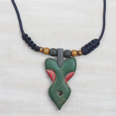 Wood pendant necklace, 'Akuma Mu Nsem' - Green and Red Wood Pendant Necklace on Adjustable Cord