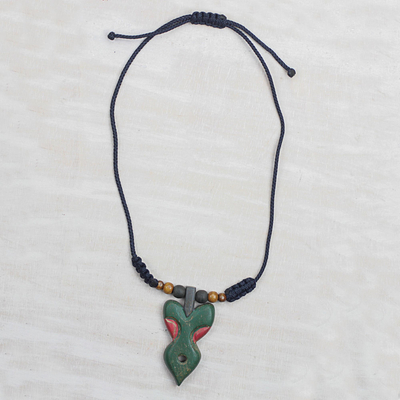 Wood pendant necklace, 'Akuma Mu Nsem' - Green and Red Wood Pendant Necklace on Adjustable Cord