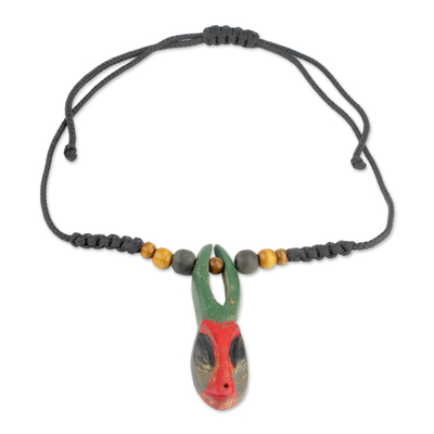 African Mask Hand Carved Sese Wood Necklace