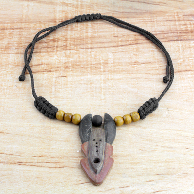 Wood pendant necklace, 'Elegant Horn Mask' - Hand Carved Sese Wood Red Black Horn Mask Necklace