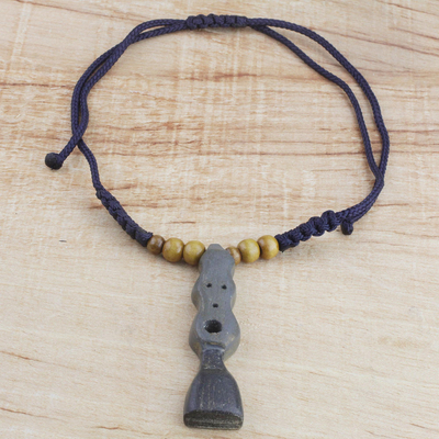 Wood pendant necklace, 'Sika Pa' - Grey and Black Wood Pendant Necklace on Adjustable Cord