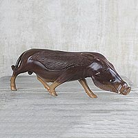 Ebony wood sculpture, 'Boisterous Bush Pig' - Ghanaian Artisan Handcarved Ebony Wood Boar Sculpture