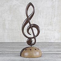 Ebony wood sculpture, 'Musical Clef' - Ghanaian Artisan Handcarved Ebony Wood Music Clef Sculpture