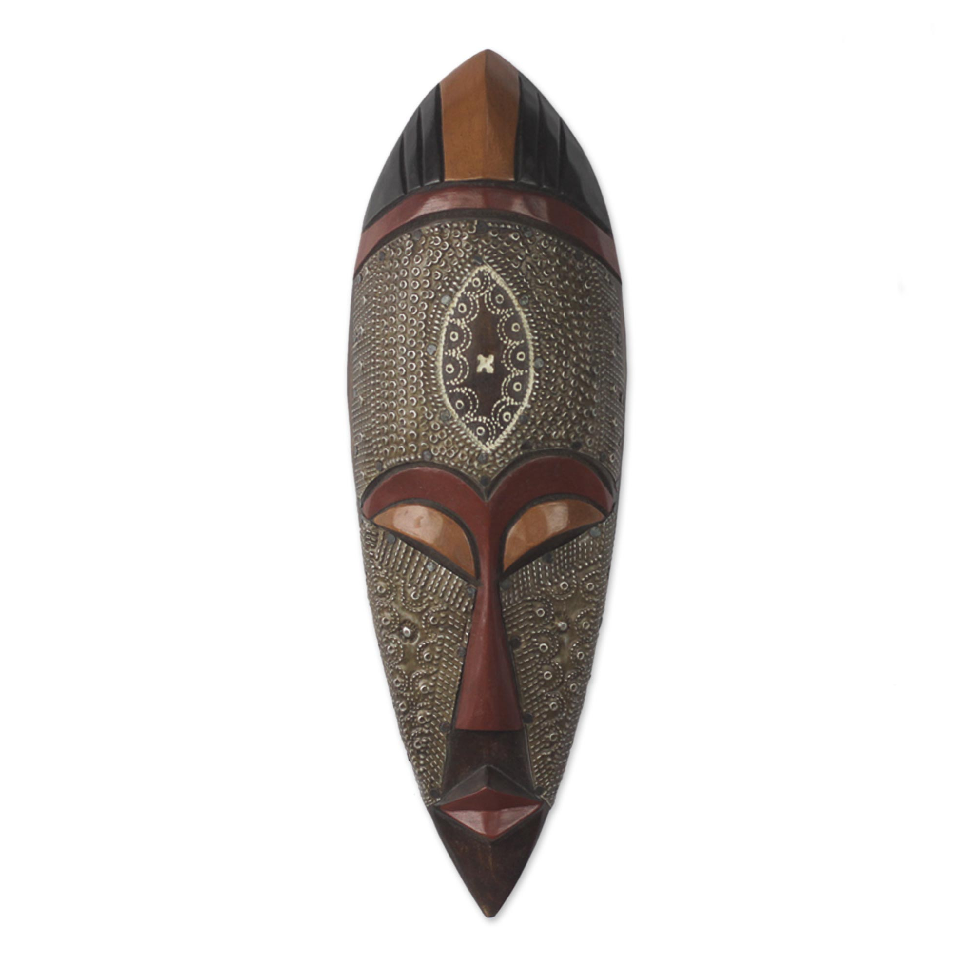 Hand Carved West African Wood and Aluminum Wall Mask - Regal Texture ...