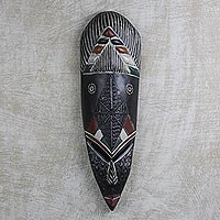 African wood and aluminum mask, 'Ghanaian Nhyira' - Sese Wood and Aluminum Wall Mask Hand Carved in Ghana