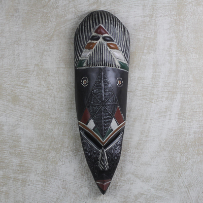 African wood and aluminum mask, 'Ghanaian Nhyira' - Sese Wood and Aluminum Wall Mask Hand Carved in Ghana