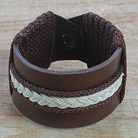 Men's leather wristband bracelet, 'Fraternal Love' - Men's Brown Leather with Braided Cord Wristband Bracelet