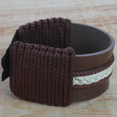 Men's leather wristband bracelet, 'Fraternal Love' - Men's Brown Leather with Braided Cord Wristband Bracelet