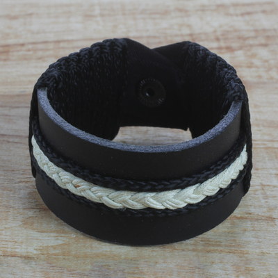Men's leather wristband bracelet, 'Band of Brothers' - Men's Black Leather and Braided Cord Wristband Bracelet