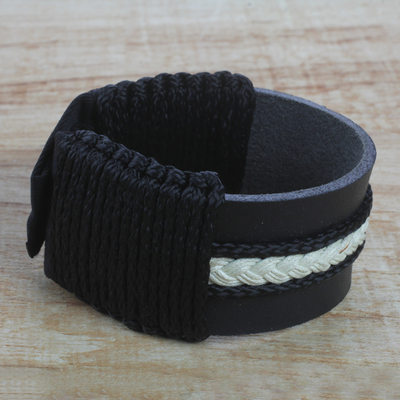 Men's leather wristband bracelet, 'Band of Brothers' - Men's Black Leather and Braided Cord Wristband Bracelet