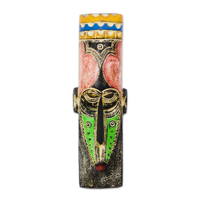 African wood and brass and aluminum mask, 'Msizi' - Sese-dua Wood and Brass and Aluminum Wall Mask from Ghana